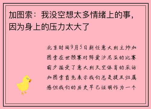 加图索：我没空想太多情绪上的事，因为身上的压力太大了