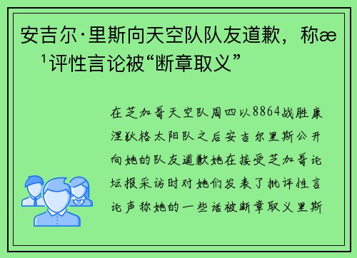 安吉尔·里斯向天空队队友道歉，称批评性言论被“断章取义”